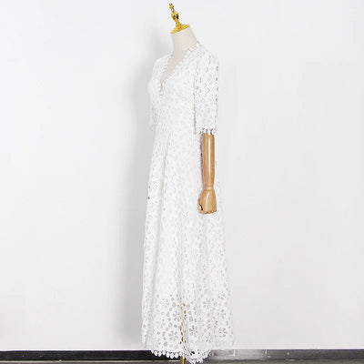 Celebrity Lady Temperament Long Skirt Spring New V Neck Waist Hook Flower Hollow French Solid Color Hem Dress