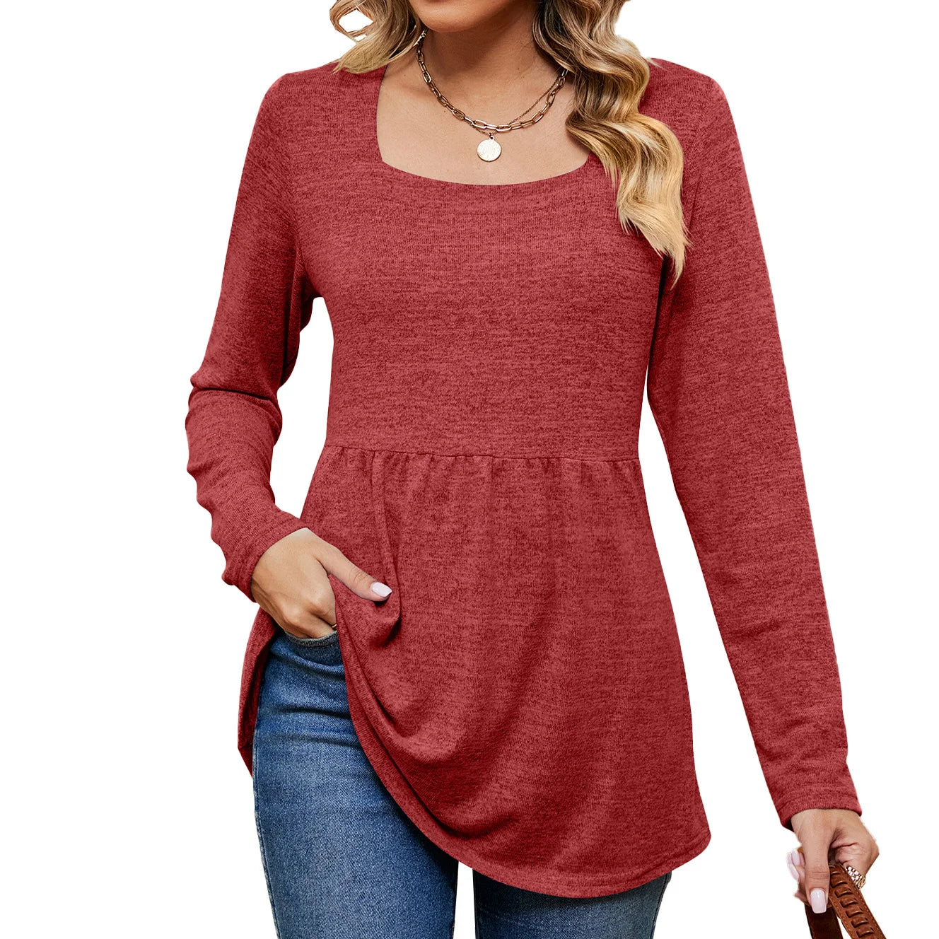 Square Neck Long Sleeve Blouse