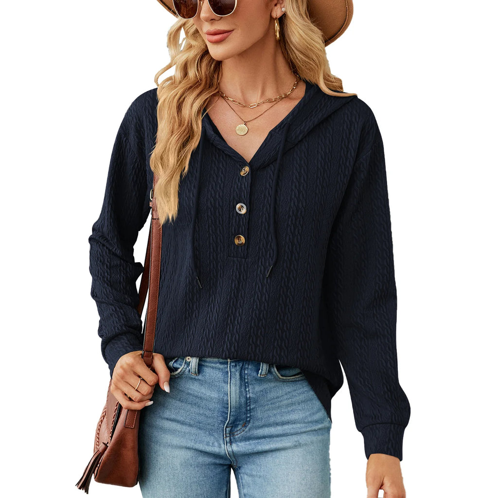 Pure Color Hooded Button Loose Long Sleeved Sweater Ladies