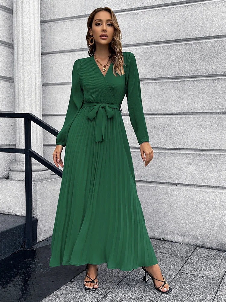 V Neck Long Sleeve Pleated Mid Length Dress