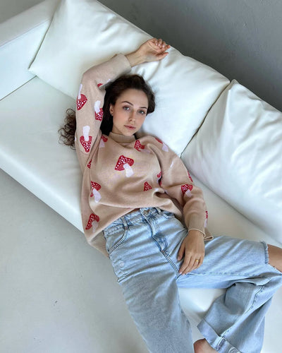 Niche Design Ins Style Mushroom Jacquard Sweater Women’s
