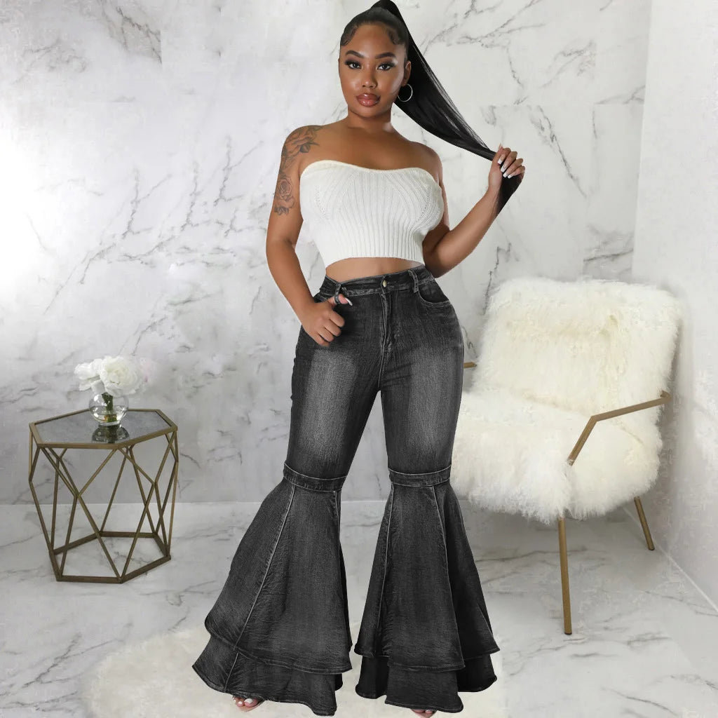 Versatile Wide Leg Washed Denim Stretch Bell Bottoms