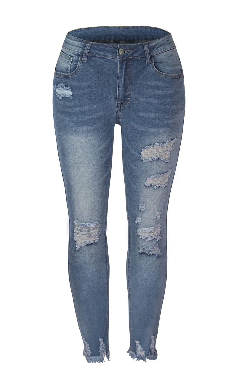 Washed Frayed Tassel Jeans Slim High Stretch Small Leg Trousers