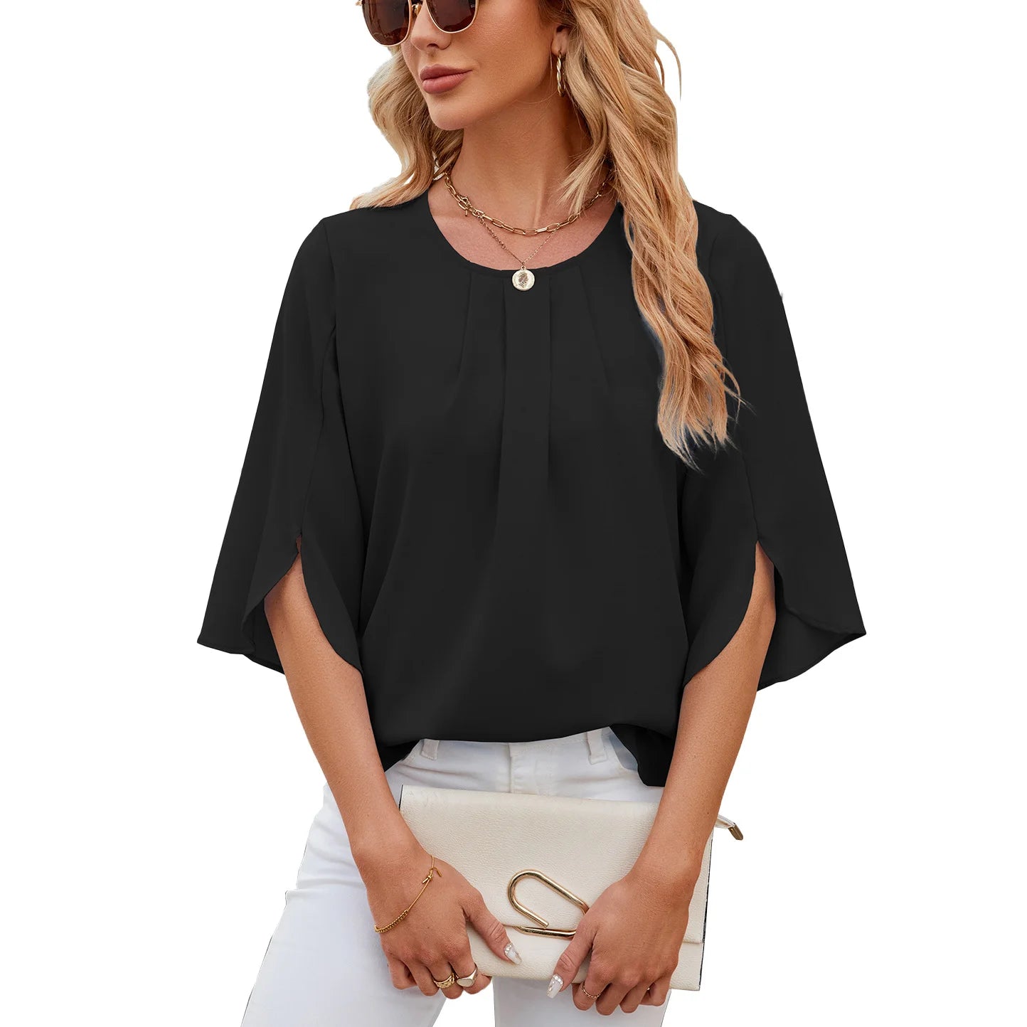 Solid Color Round Collar Five Short Sleeved Loose Chiffon Blouse