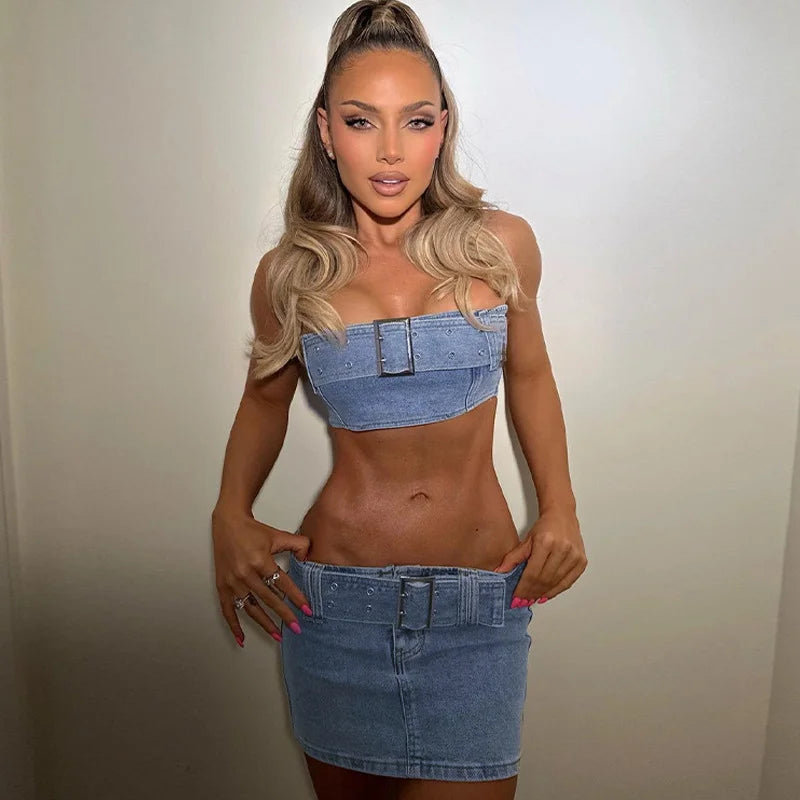 Fashionable Sexy Denim Bandeau Slim Skirt