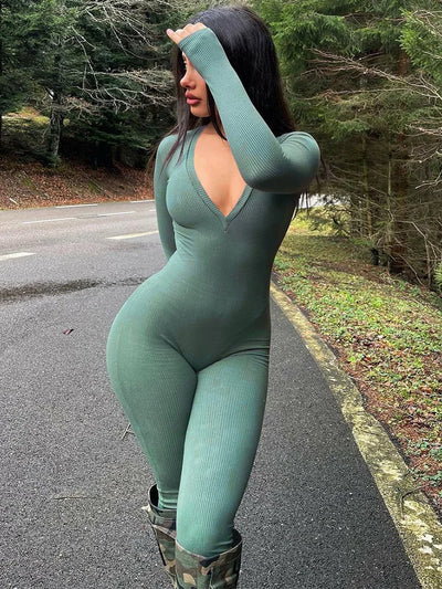 Versatility Women’s Small Pit Strip V-Neck Long Sleeved Jumpsuit High Waisted Skinny Hip Hugging Jumpsuit