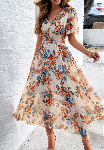 Print Cinched Waist Short Sleeved Dress