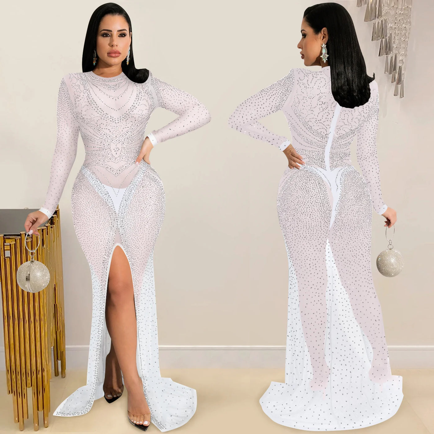 Mesh Perspective Long Sleeved Slit Long Dress