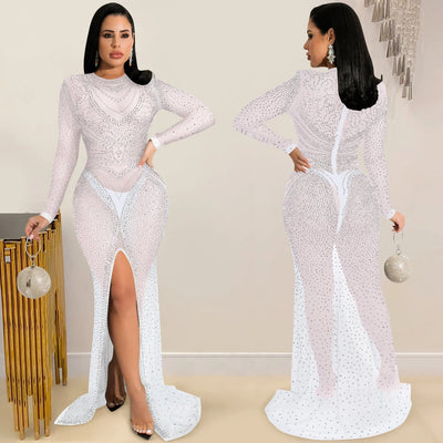 Mesh Perspective Long Sleeved Slit Long Dress
