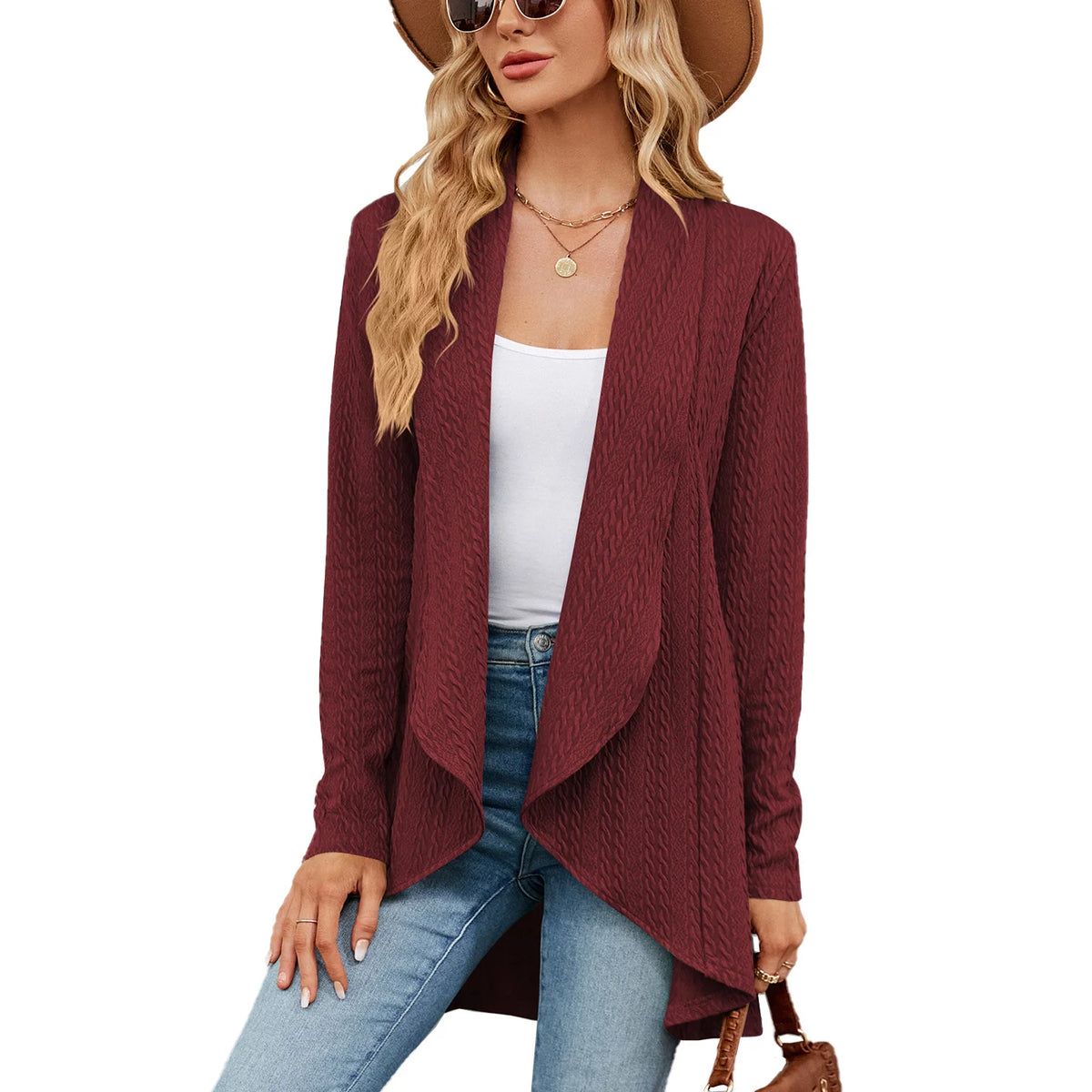 Long Sleeved Pure Color Loose Cardigan Blouse Woman Knitting Jacket
