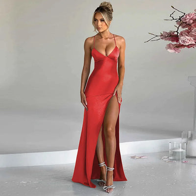 V Neck Backless Lace Up Slit Dress