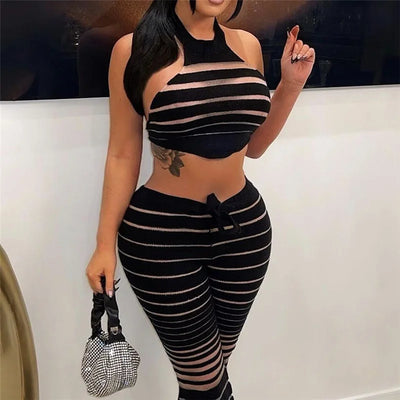 Transparent Striped Set With A Tie Back Top And Flared Pants