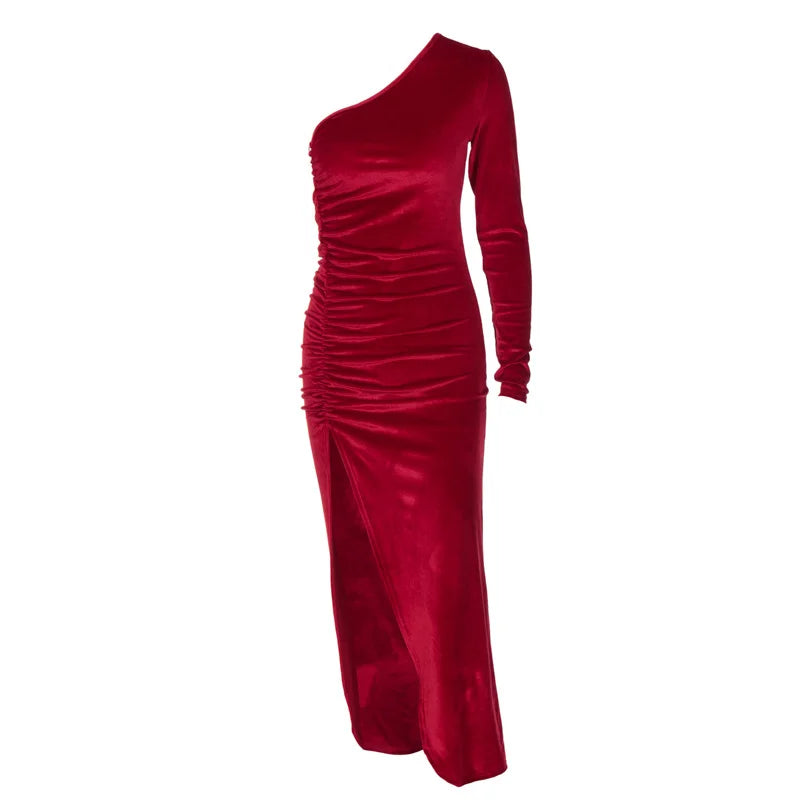 Fashion Slanted Shoulder Long Sleeve Slim Crepe Slit Dress