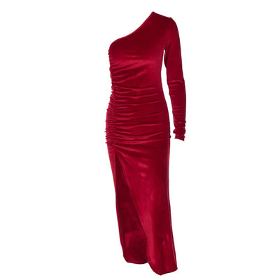 Fashion Slanted Shoulder Long Sleeve Slim Crepe Slit Dress