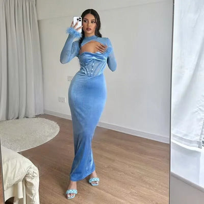 New Plush Mesh Patchwork Nightclub Style Cut Out Maxi Dress Slim Fit