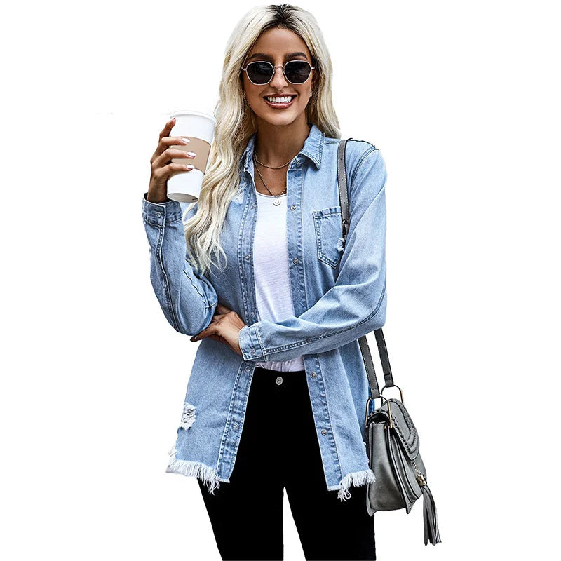 Long Sleeve Jacket With Distressed Long Sleeve Solid Color