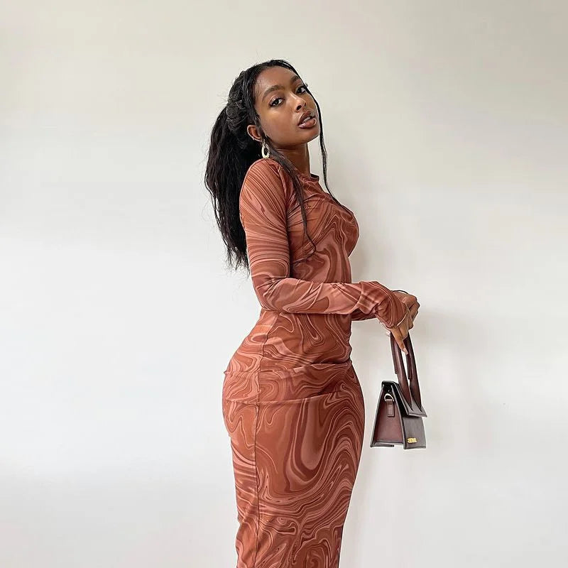 Round Neck Long Sleeve Bodycon Dress With Printed Skirt At The Hip