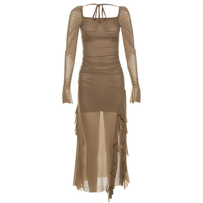 Solid Color Slim High Waist Fashion Square Neck Long Sleeve Mesh Dress