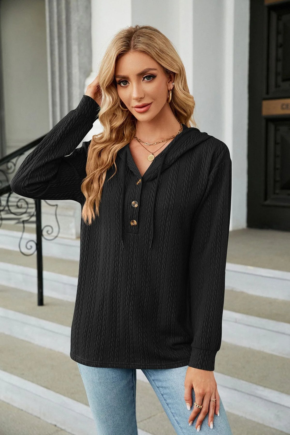 Sweater With Buttons And Hood