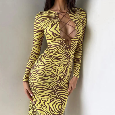 Print Cut Out Long Sleeve Slim Dress