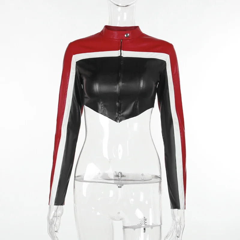 Contrasting Biker Style Short Crop Top Long Sleeve Leather Jacket