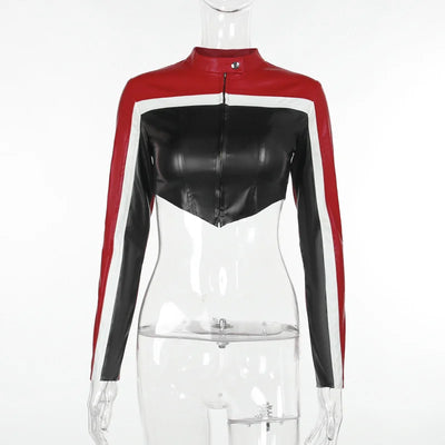 Contrasting Biker Style Short Crop Top Long Sleeve Leather Jacket