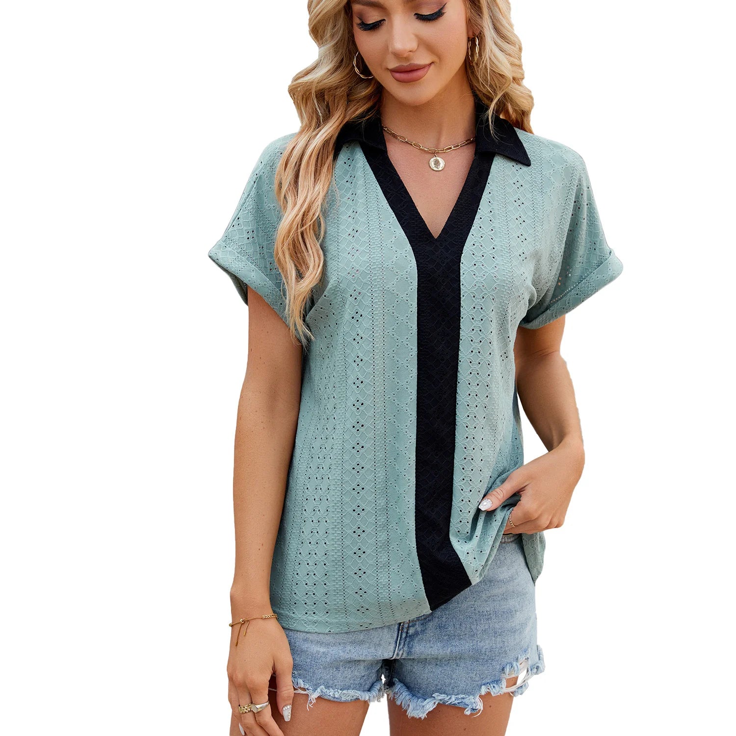 New V Neck Color Colliding Short Sleeved Loose T-Shirt Blouse