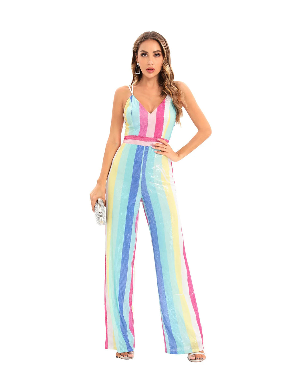 Striped Jumpsuit Sequins Deep V One Piece Casual Pants
