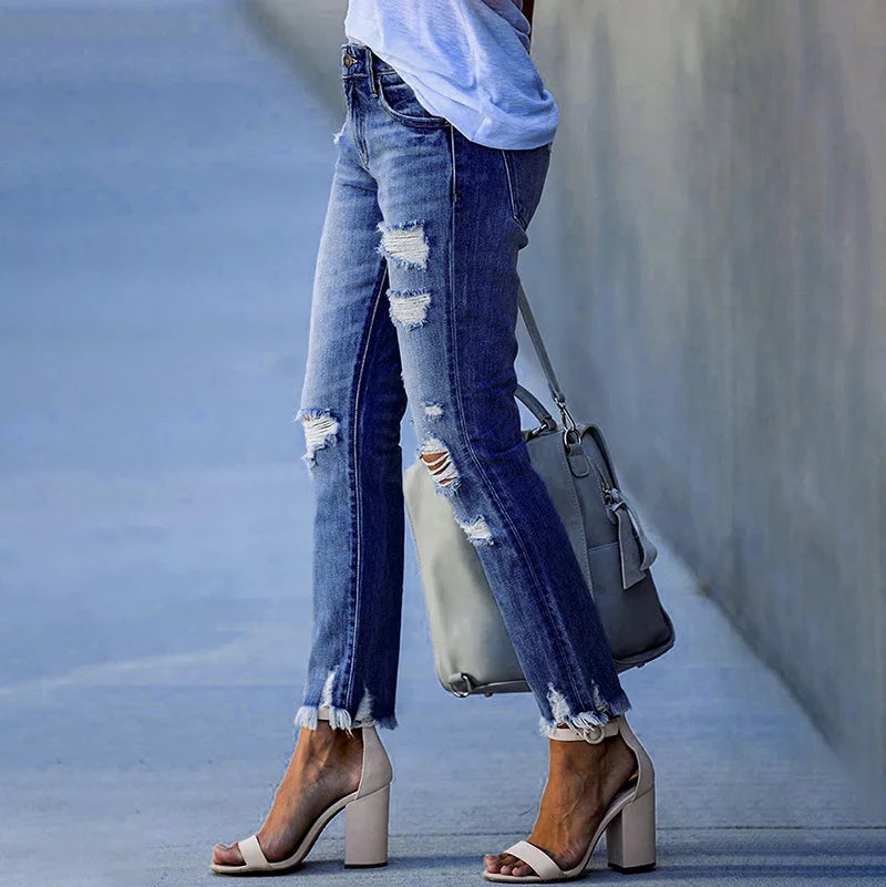 Washed Frayed Tassel Jeans Slim High Stretch Small Leg Trousers