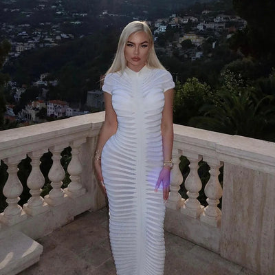 Long Dress Sexy Short Sleeve Knitted High Neck High Waist Long Tight Dress