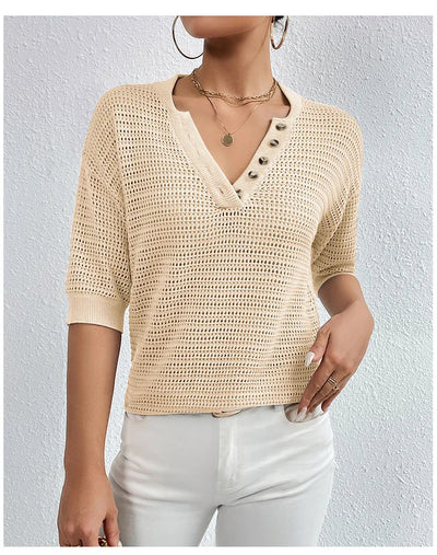 Short Sleeve V Neck Knitted Sweater
