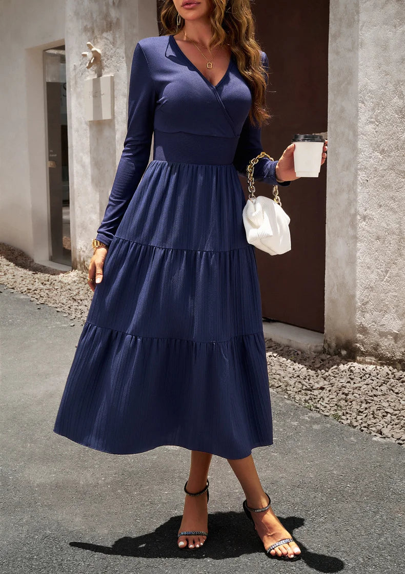 Long Skirt Temperament Commuter V Neck Long Sleeve Temperament Elegant Dress