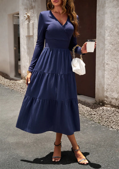 Long Skirt Temperament Commuter V Neck Long Sleeve Temperament Elegant Dress
