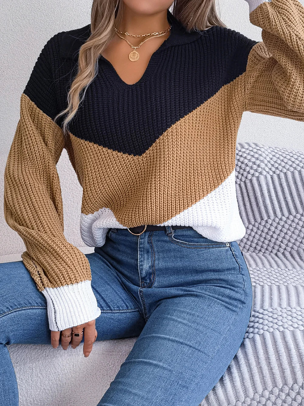 Casual Lapel Contrast Long Sleeved Knitted Pullover Sweater