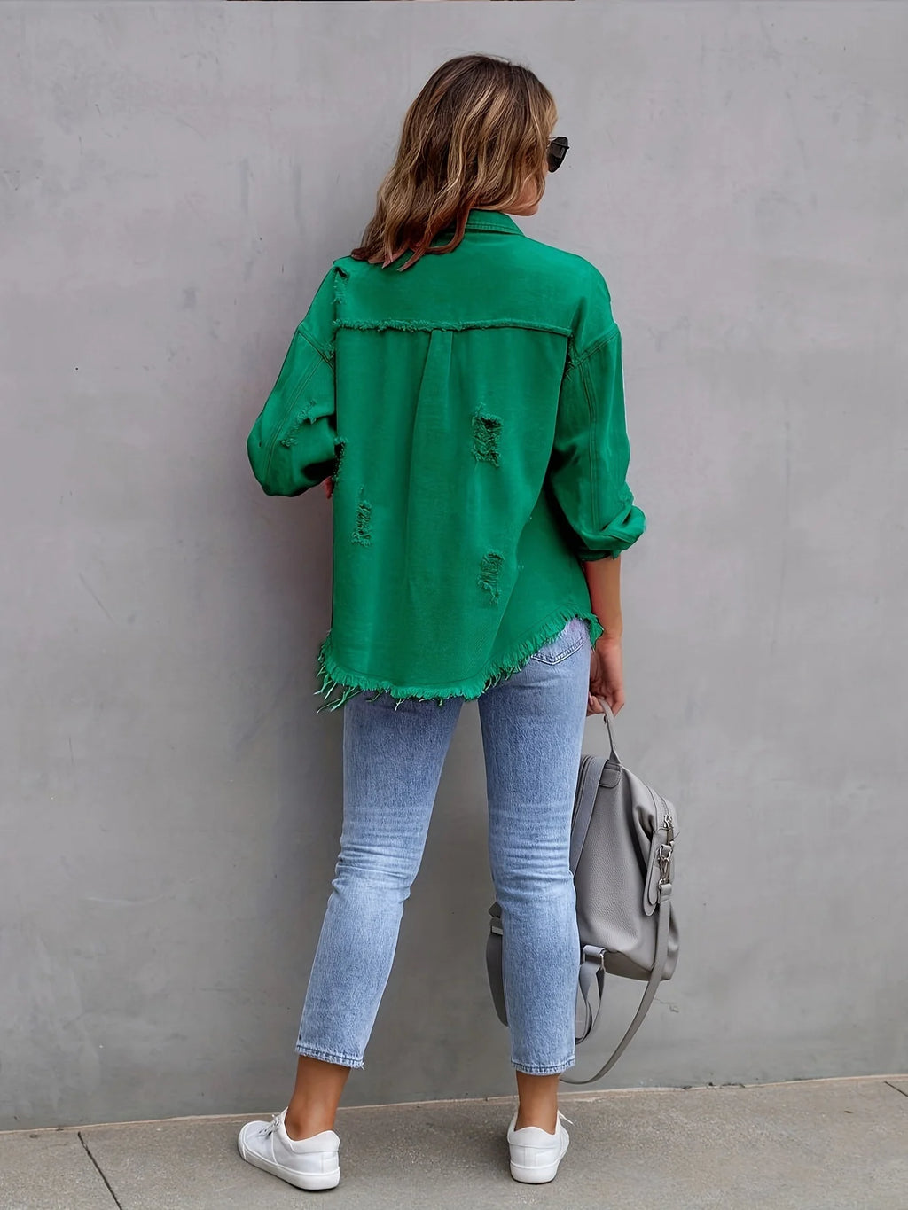 Long Sleeved Jeans Jacket With Holes In Solid Color