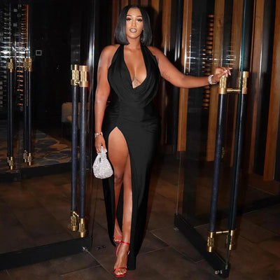 V-Neck Backless Slit Dress