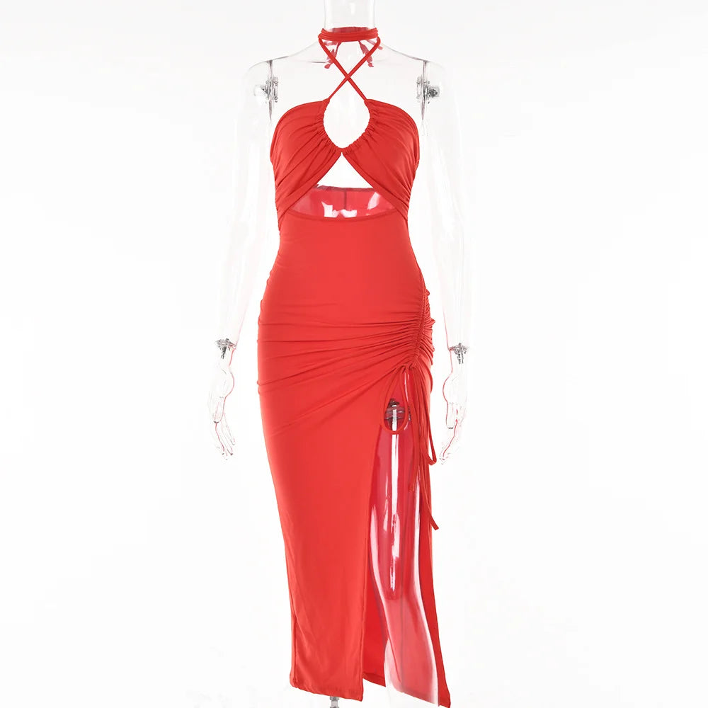 High Split Wrinkle Neck Style Bust Dress