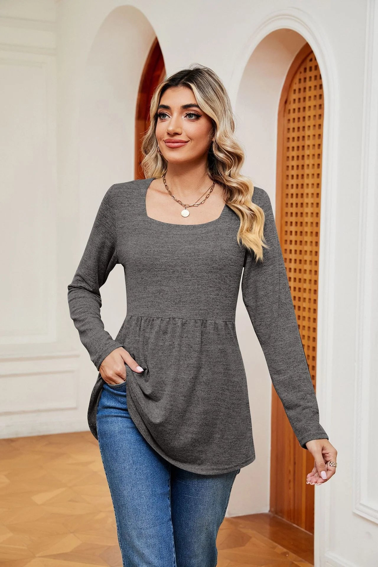 Square Neck Long Sleeve Blouse