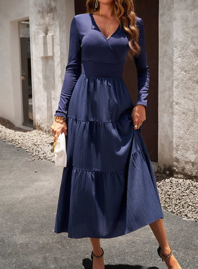 Long Skirt Temperament Commuter V Neck Long Sleeve Temperament Elegant Dress