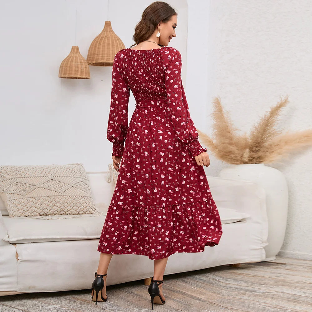 Long Sleeved V Veck Floral Dress