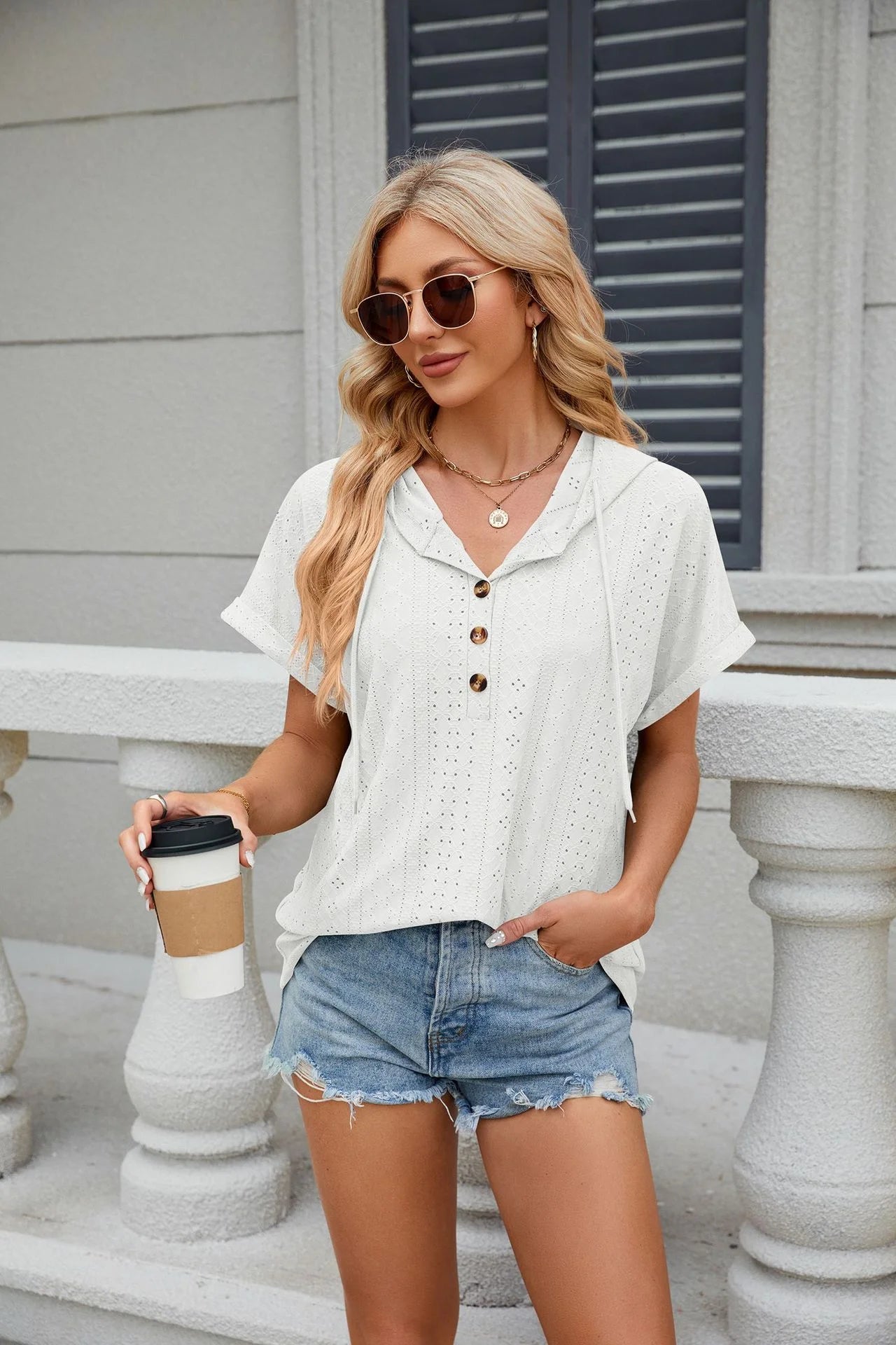 Loose Short Sleeve Button Down Blouse