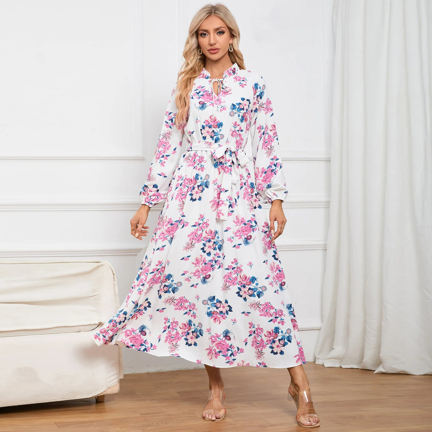 Sleeve Stand Collar Lace Floral Dress