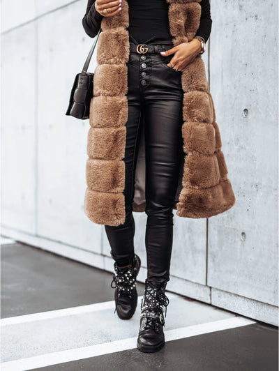 Women’s Winter Round Neck Fur Vest Long Vest Jacket