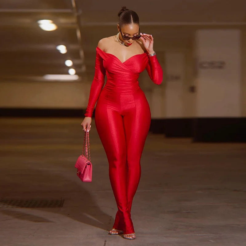 Sexy Off The Shoulder V Neck High Waisted Tight Pants Casual Sports Suit