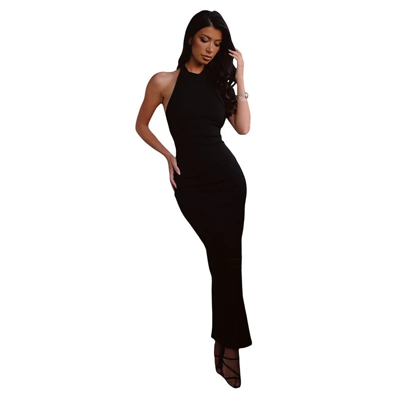 Women’s Fashion Halterneck Sexy Backless Slit Wrap Hip Slim Dress