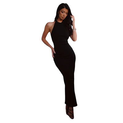 Women’s Fashion Halterneck Sexy Backless Slit Wrap Hip Slim Dress