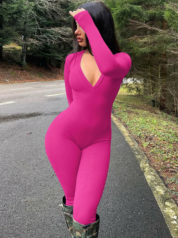 Versatility Women’s Small Pit Strip V-Neck Long Sleeved Jumpsuit High Waisted Skinny Hip Hugging Jumpsuit