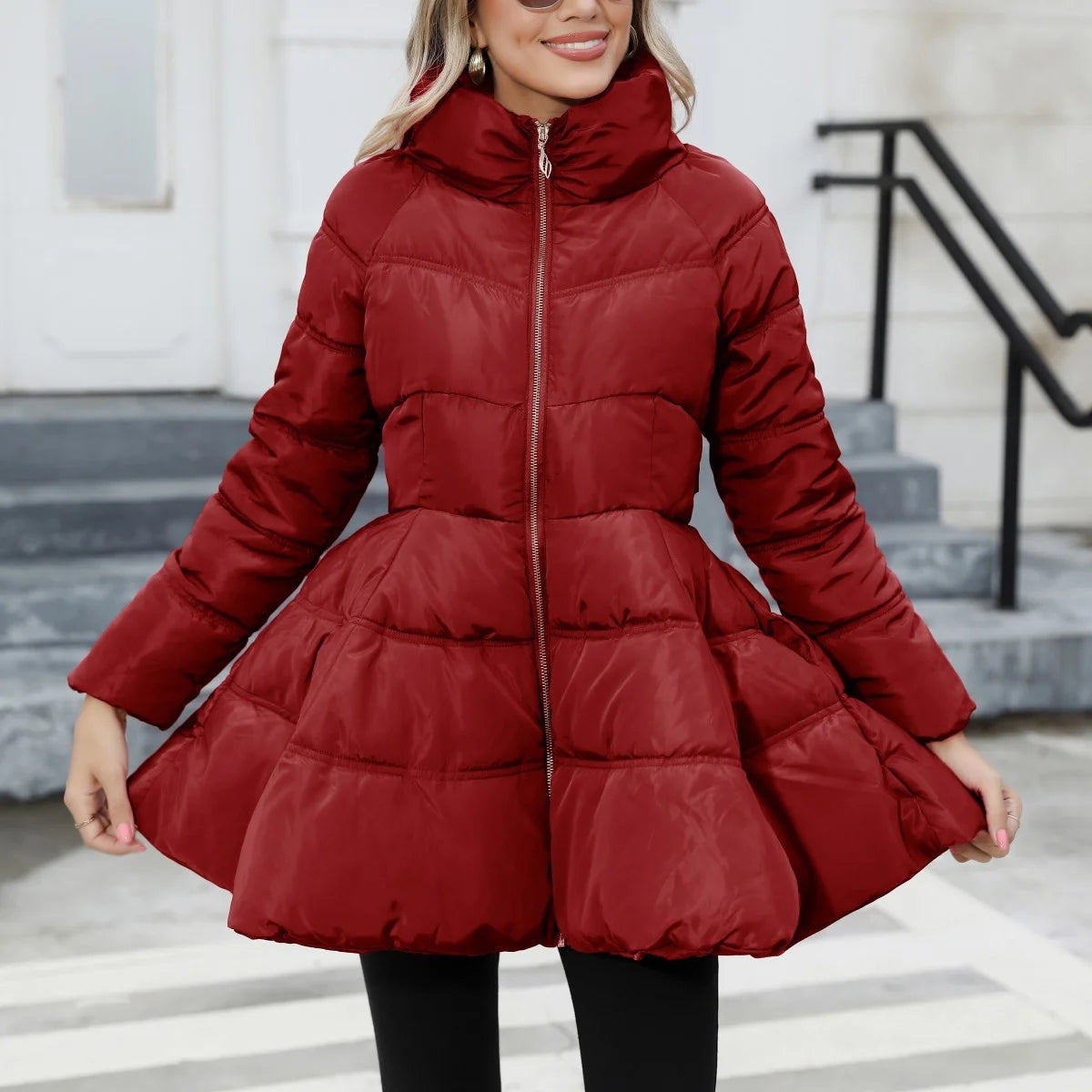 Slim Stand Up Collar Women’s Mid Length Padded Waist Cotton Jacket