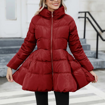 Slim Stand Up Collar Women’s Mid Length Padded Waist Cotton Jacket