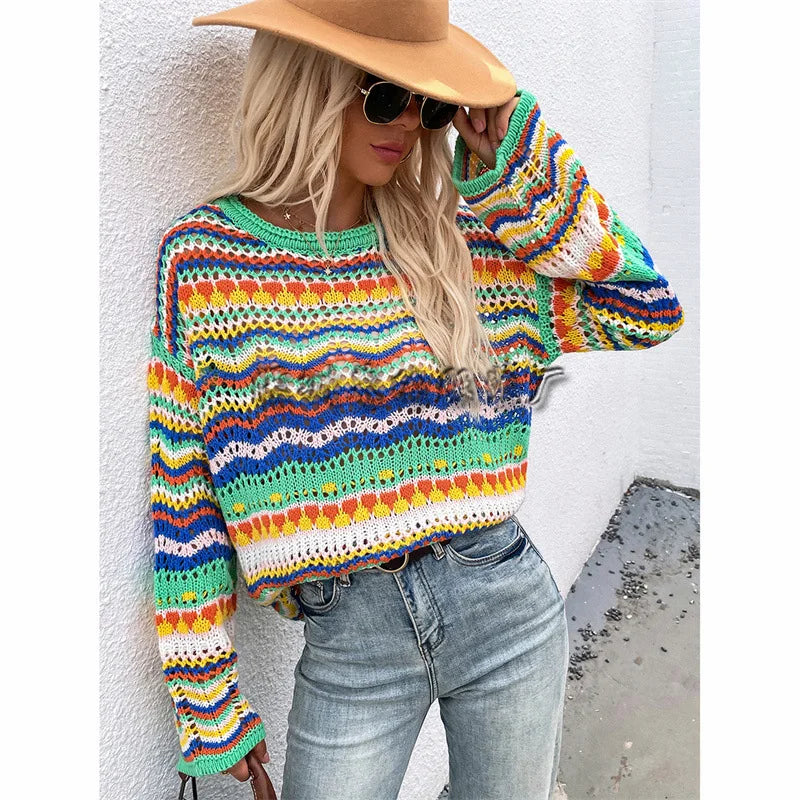 Stitched Knit Sweater Loose Intercolored Round Neck Striped Sweater Female